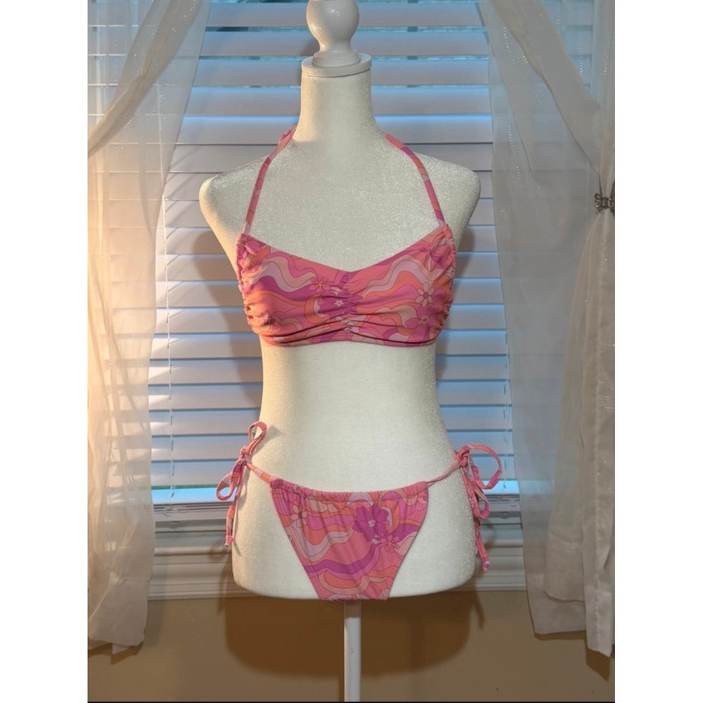 Bikini Set Med Pink Orange Floral Retro Swirl 2-Piece Y2K Eclectic Trippy Groovy